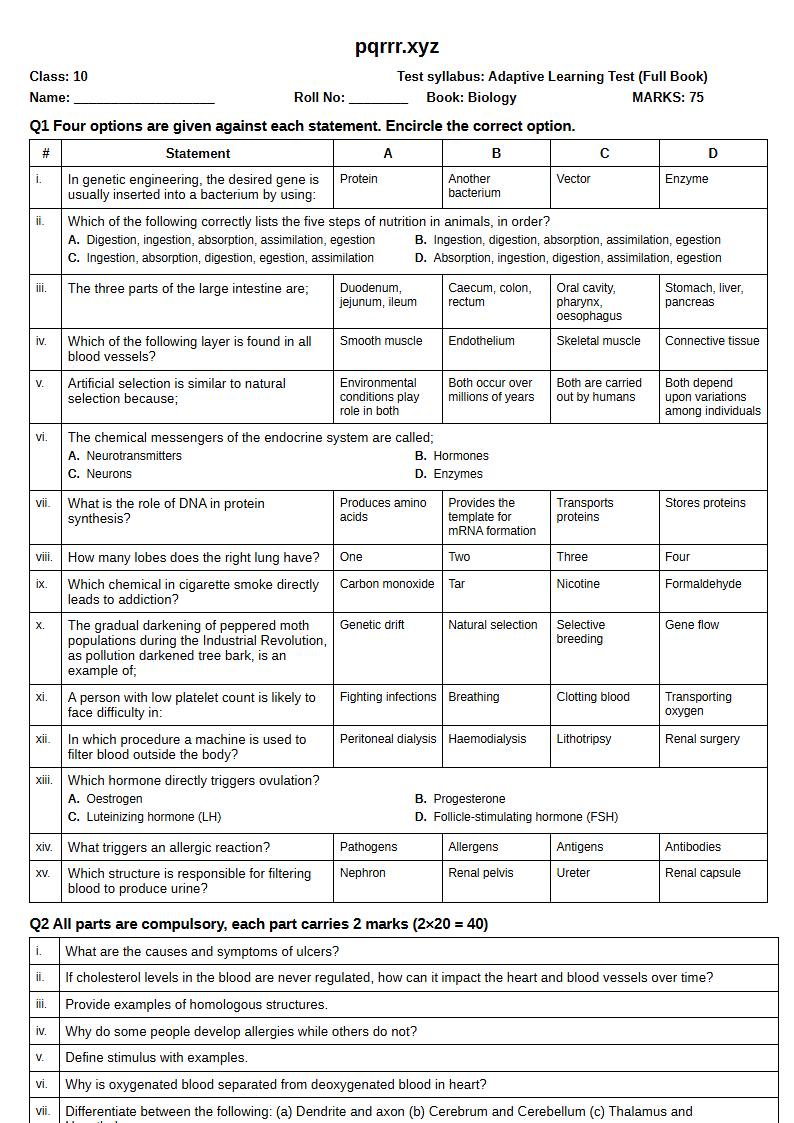 First page of 10th Biology – Complete book – Adaptive Learning Test, 75 marks (English)