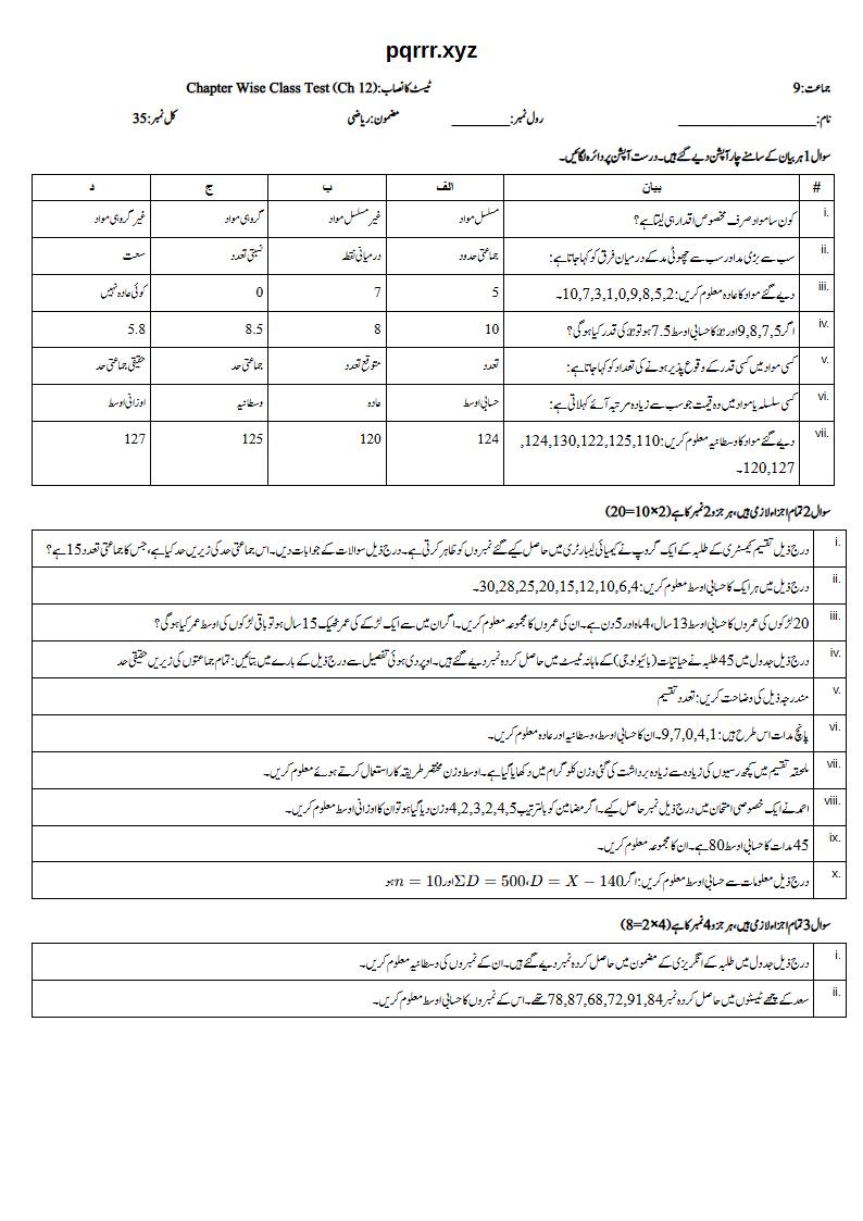 First page of 9th Mathematics – Chapter 12 – Information Handling – Chapter Wise Class Test, 35 marks (Urdu)