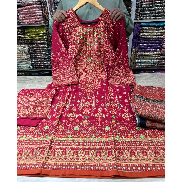Slab Megenta Color Cotton Embroidery & Stone Work Threepieces - Slab Megenta Color Cotton Embroidery & Stone Work Threepieces Size: 36-46 Fabrics: Cotton Color: Meg