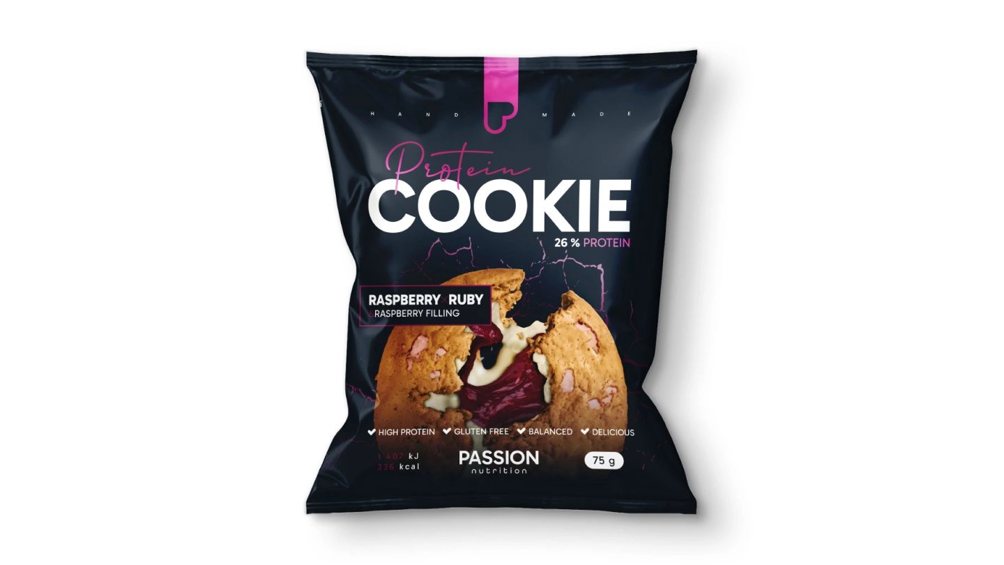 Passion proteinová plněná cookie 75g Malinová s ruby čokoládou