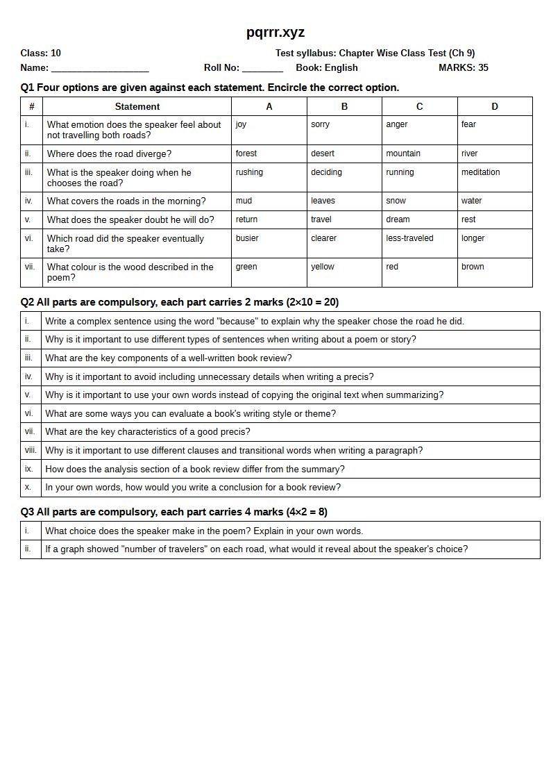 First page of 10th English – Chapter 9 – The Road Not Taken – Chapter Wise Class Test, 35 marks (English)
