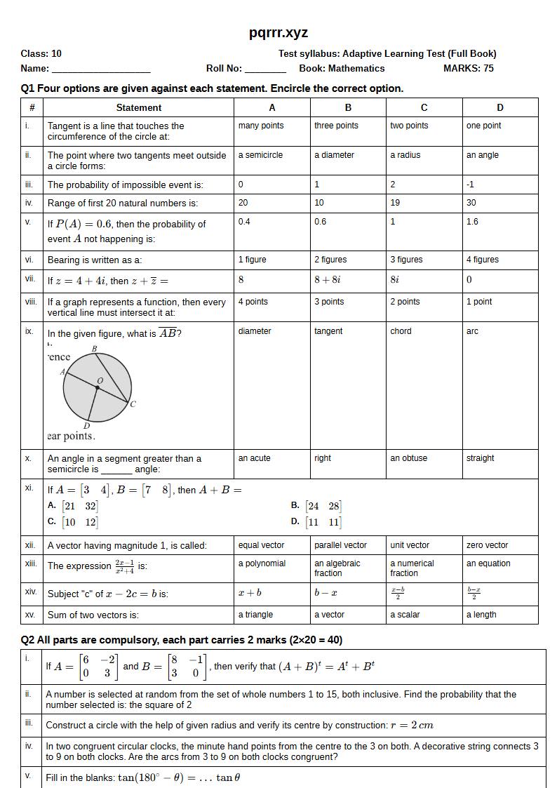 First page of 10th Mathematics – Complete book – Adaptive Learning Test, 75 marks (English)