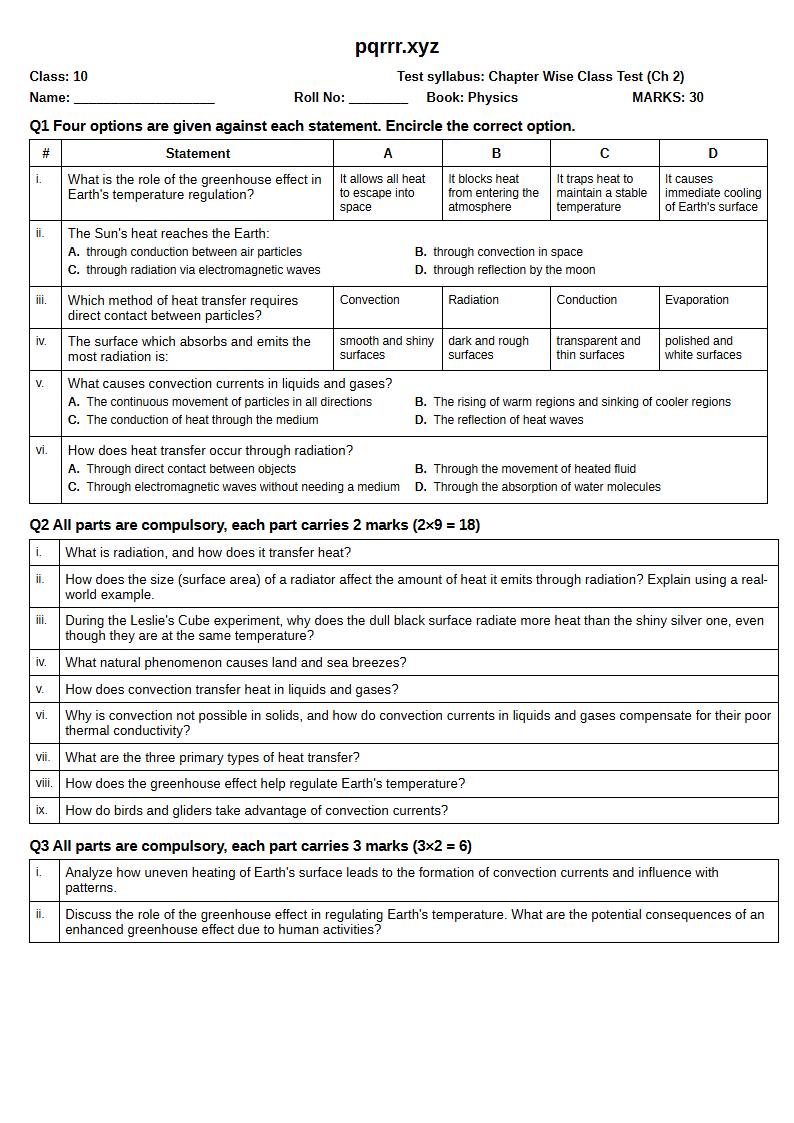 First page of 10th Physics – Chapter 2 – Transfer of Thermal Energy – Chapter Wise Class Test, 30 marks (English)