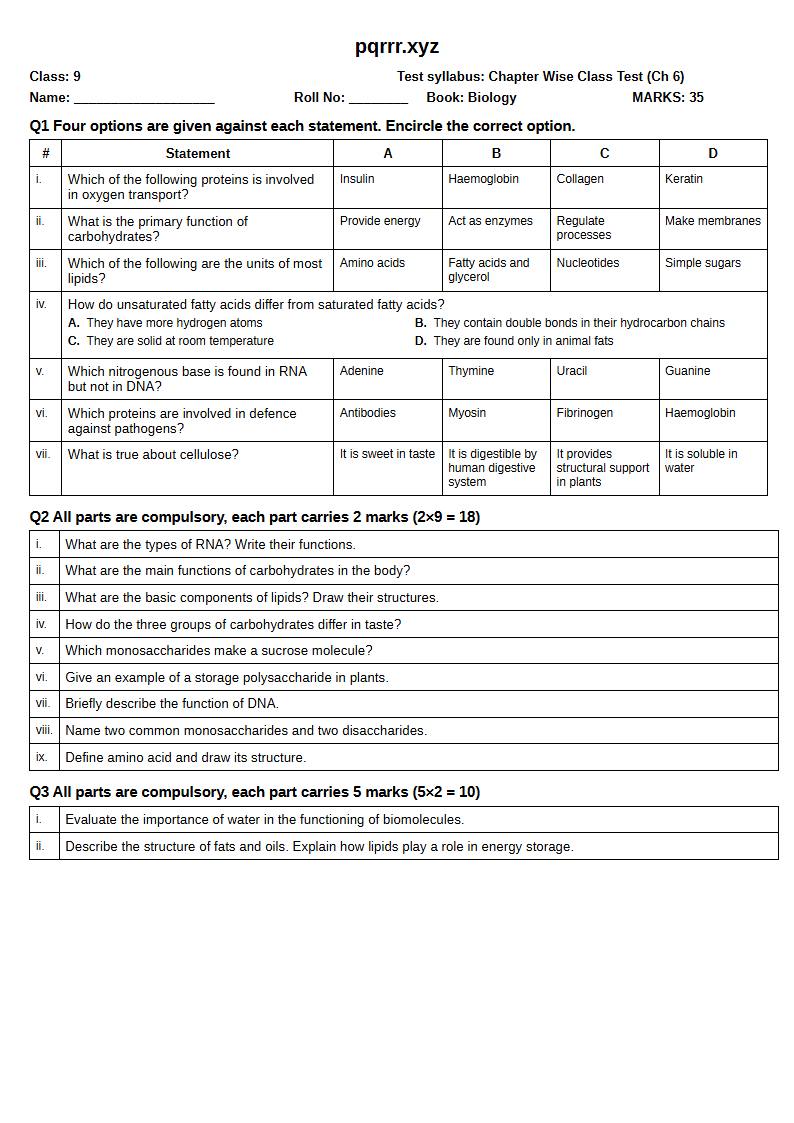 First page of 9th Biology – Chapter 6 – Biomolecules – Chapter Wise Class Test, 35 marks (English)