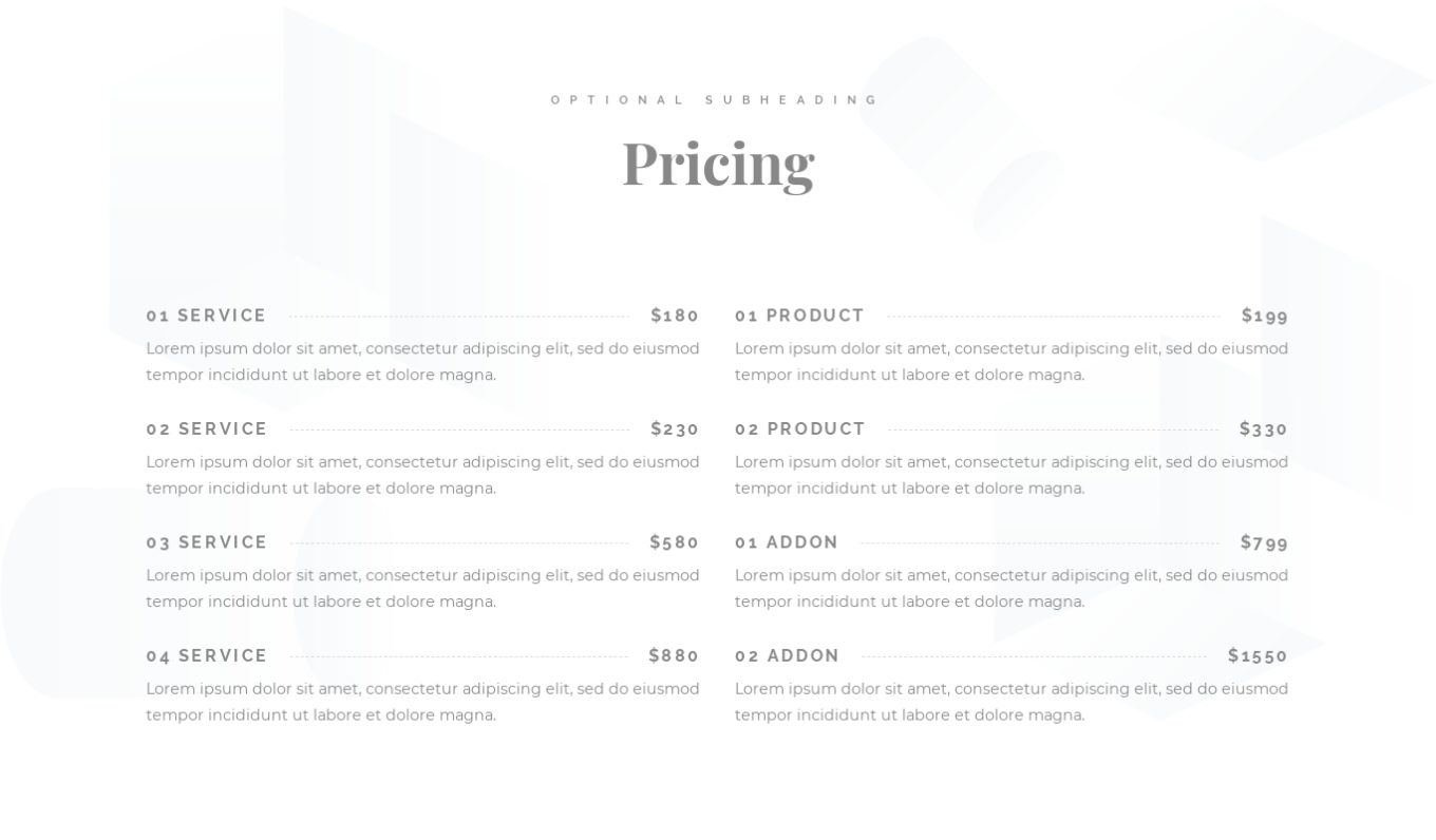 Pricing Menu 8