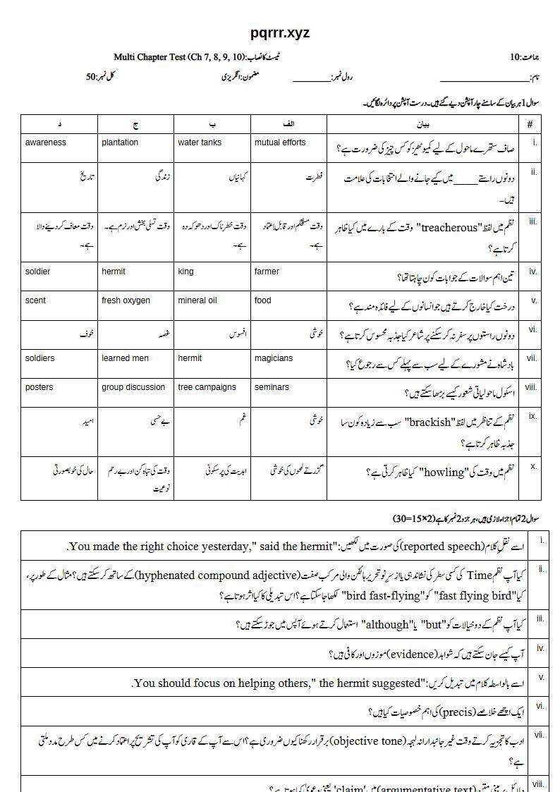 First page of 10th English – Chapters 7–10 – Multi Chapter Test, 50 marks (Urdu)