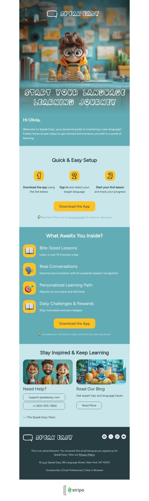 App install email template "Language learning journey" for mobile applications industry
