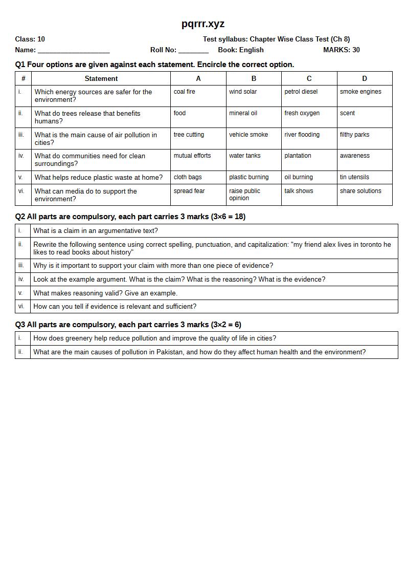 First page of 10th English – Chapter 8 – Pollution-Free Pakistan with Greenery All Around – Chapter Wise Class Test, 30 marks (English)