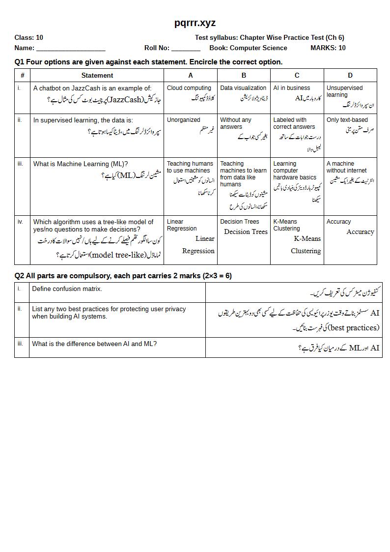 First page of 10th Computer Science – Chapter 6 – Introduction to Artificial Intelligence (AI) and Machine Learning (ML) – Chapter Wise Practice Test, 10 marks (English + Urdu)