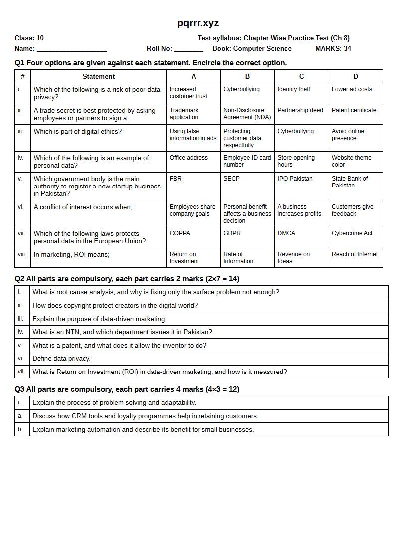 First page of 10th Computer Science – Chapter 8 – Digital Entrepreneurship – Chapter Wise Practice Test, 30 marks (English)