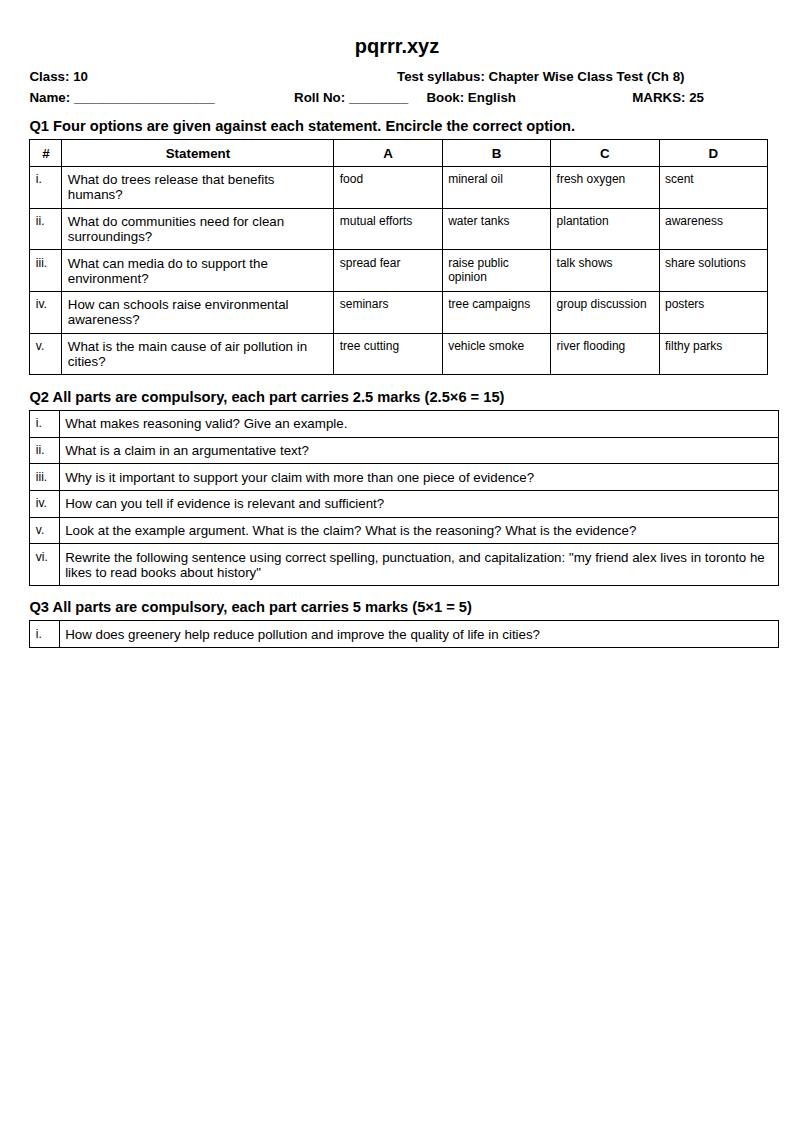 First page of 10th English – Chapter 8 – Pollution-Free Pakistan with Greenery All Around – Chapter Wise Class Test, 25 marks (English) – Community set C247CF