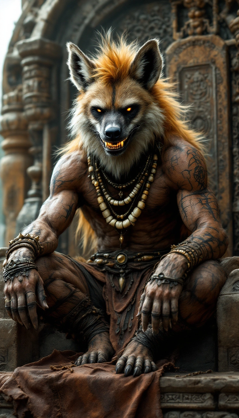 anthro hyena (head of a hyena, body of a man) Shirtless, muscular, and scarred in the warrior way. His fur is a bit scruffy, wild—mismatched eyes, big grin with a gold tooth. Wears layered tribal jewelry—bone necklaces, bronze rings, leather armbands. Maybe even body paint, ancient markings.
perched on a stone throne, one leg draped over the armrest, staring with teeth bared in a half-laugh.
Deep desert ruins golden hour light, bones or feathers scattered, a sacred artifact in the background. Raw, feral energy. He’s beautiful but untamed. A beast you summon, not tame.
