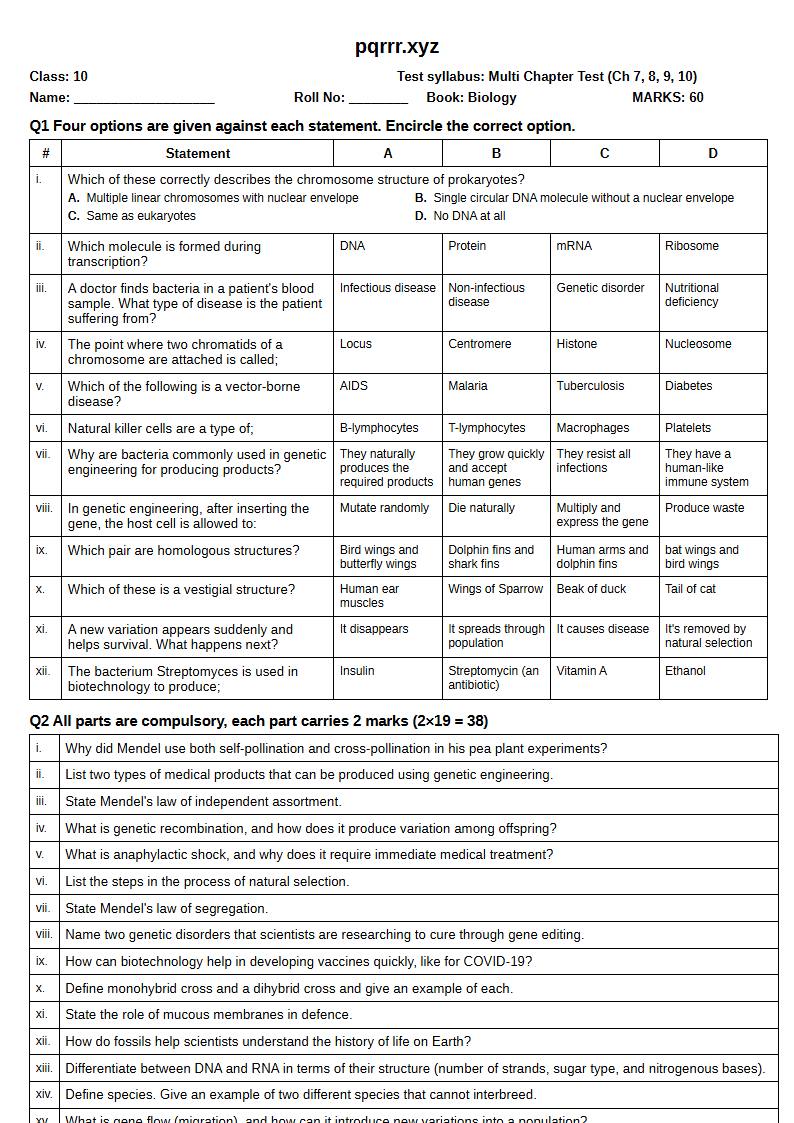 First page of 10th Biology – Chapters 7–10 – Multi Chapter Test, 60 marks (English)