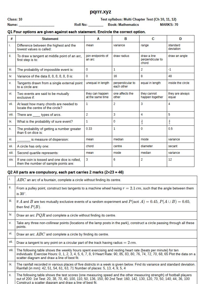 First page of 10th Mathematics – Chapters 10–12 – Multi Chapter Test, 70 marks (English)