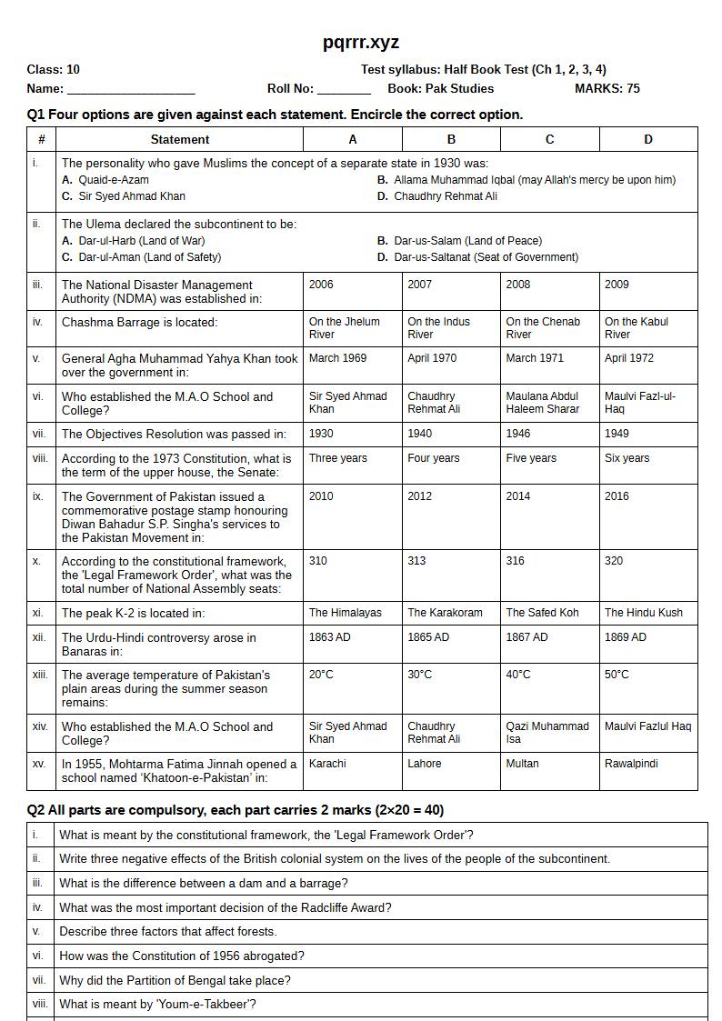 First page of 10th Pak Studies – Half book (Chapters 1–4) – Half Book Test, 75 marks (English)