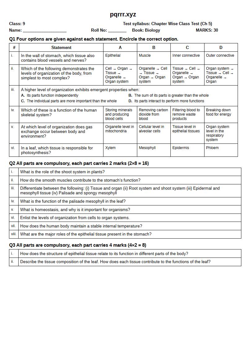 First page of 9th Biology – Chapter 5 – Tissues, Organs and Organ Systems – Chapter Wise Class Test, 30 marks (English)