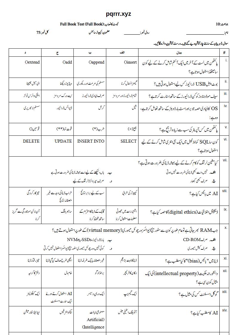 First page of 10th Computer Science – Complete book – Full Book Test, 75 marks (Urdu)