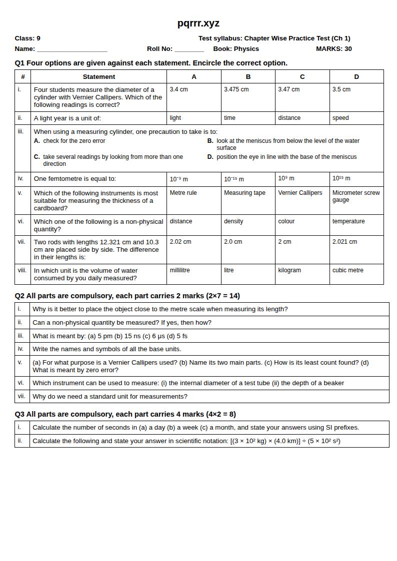 First page of 9th Physics – Chapter 1 – Physical Quantities and Measurements – Chapter Wise Practice Test, 30 marks (English)