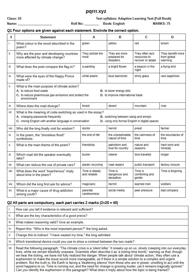 First page of 10th English – Complete book – Adaptive Learning Test, 75 marks (English)