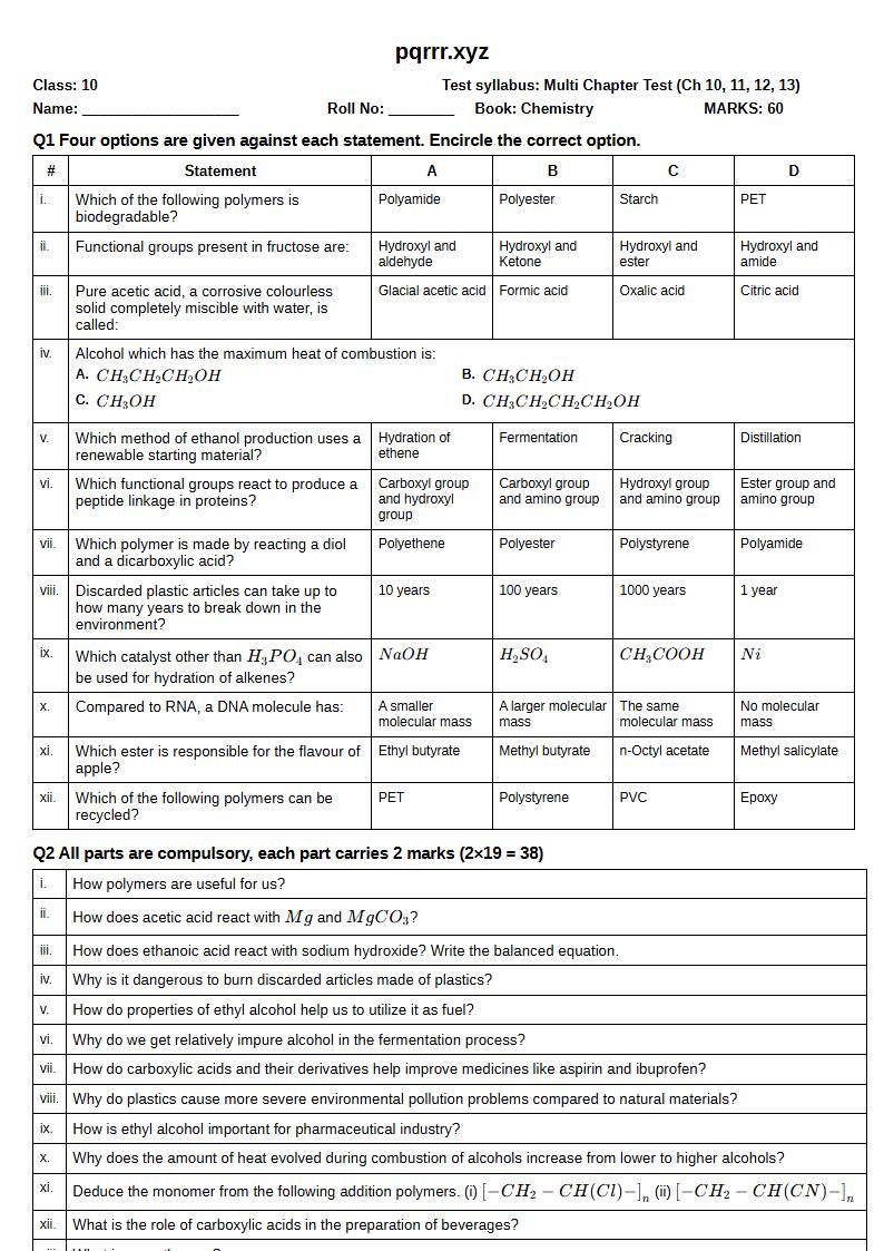 First page of 10th Chemistry – Chapters 10–13 – Multi Chapter Test, 60 marks (English)