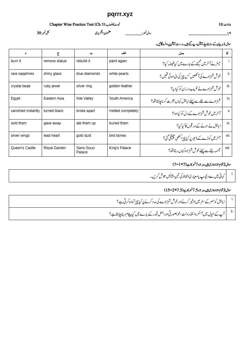 First page of 10th English – Chapter 5 – The Happy Prince – Chapter Wise Practice Test, 30 marks (Urdu)