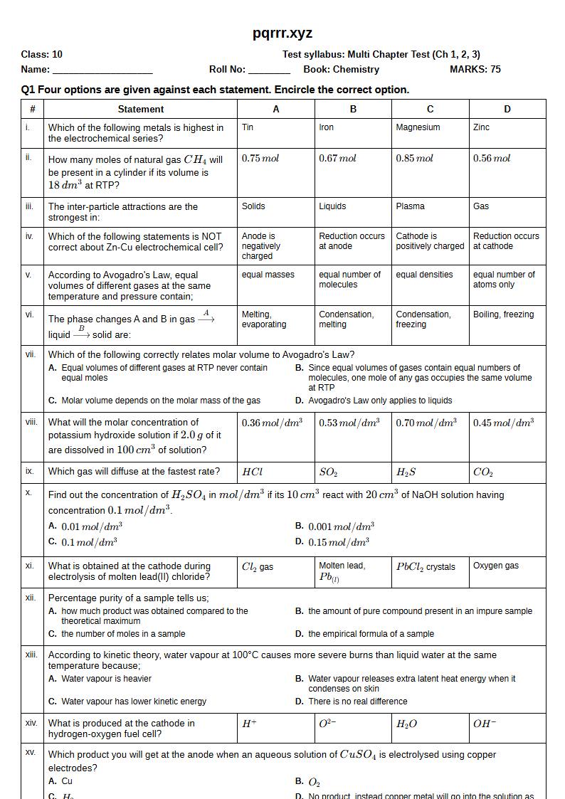 First page of 10th Chemistry – Chapters 1–3 – Multi Chapter Test, 75 marks (English)