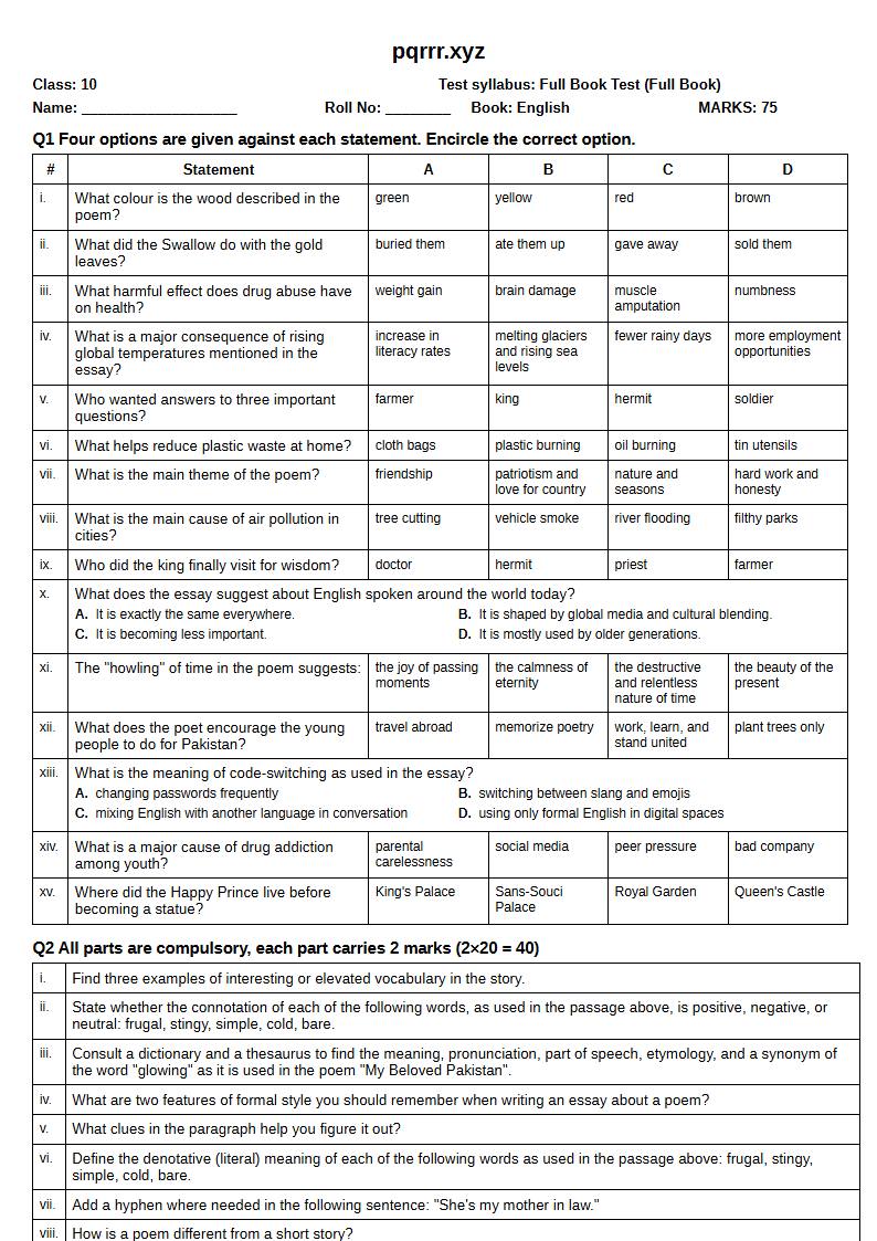 First page of 10th English – Complete book – Full Book Test, 75 marks (English)