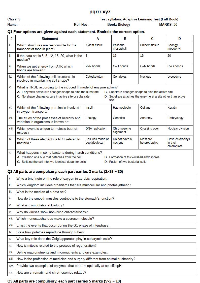 First page of 9th Biology – Complete book – Adaptive Learning Test, 50 marks (English)