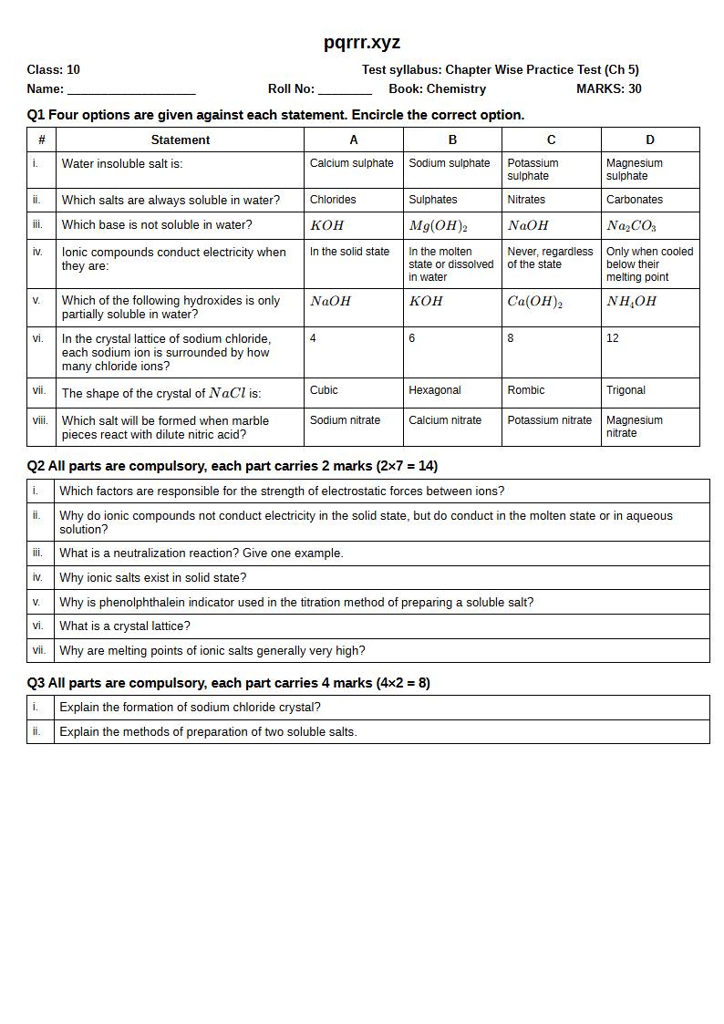 First page of 10th Chemistry – Chapter 5 – Salts – Chapter Wise Practice Test, 30 marks (English)