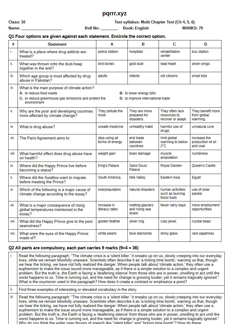 First page of 10th English – Chapters 4–6 – Multi Chapter Test, 70 marks (English)