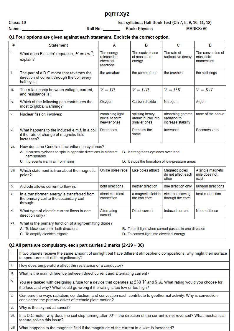 First page of 10th Physics – Half book (Chapters 7–12) – Half Book Test, 60 marks (English)