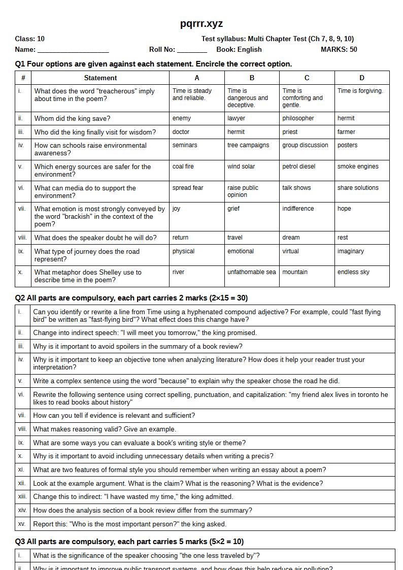 First page of 10th English – Chapters 7–10 – Multi Chapter Test, 50 marks (English)