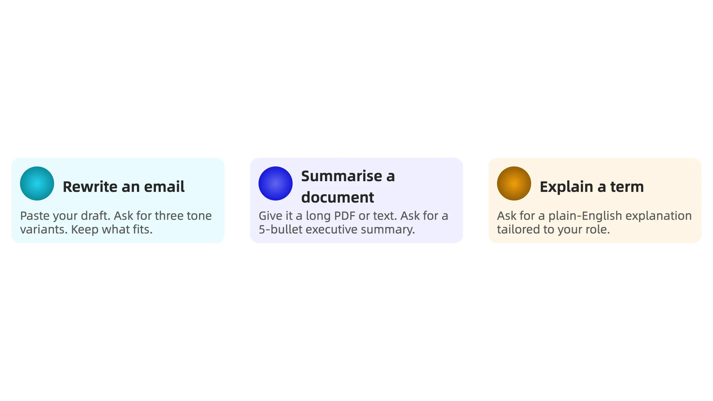 Infographic showing three beginner AI tasks: rewriting an email, summarising a document, and explaining an unfamiliar term