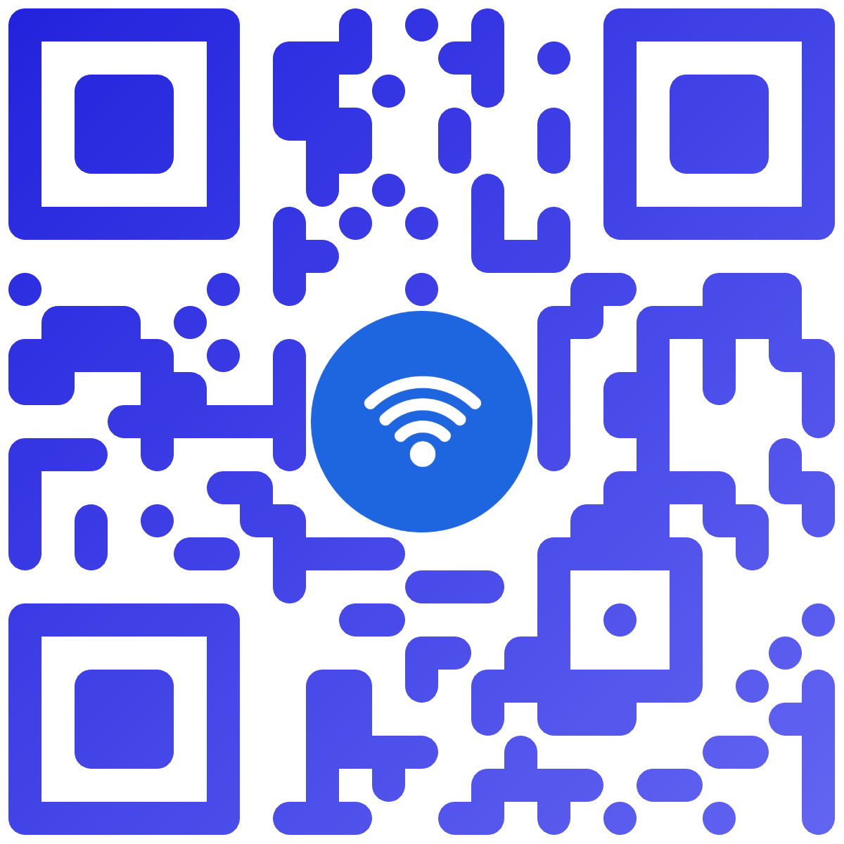 A custom QR code with a brand sign worked into the centre of the pattern
