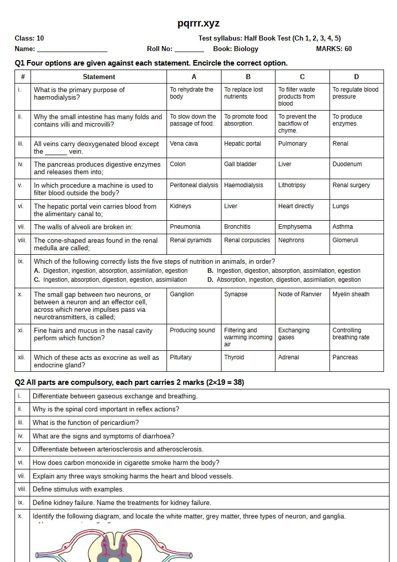 First page of 10th Biology – Half book (Chapters 1–5) – Half Book Test, 60 marks (English)