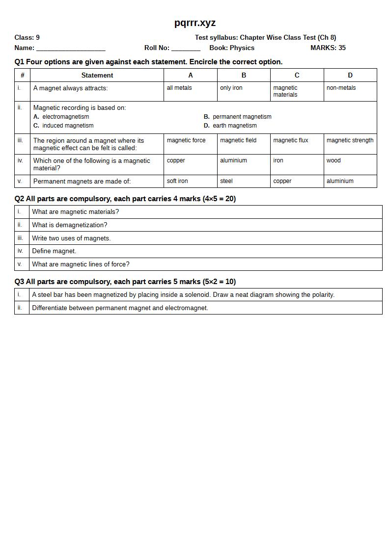 First page of 9th Physics – Chapter 8 – Magnetism – Chapter Wise Class Test, 35 marks (English)