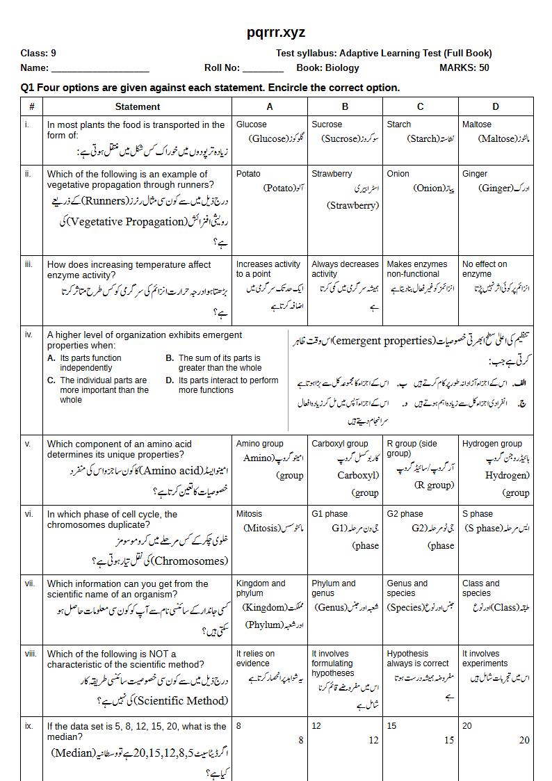 First page of 9th Biology – Complete book – Adaptive Learning Test, 50 marks (English + Urdu)