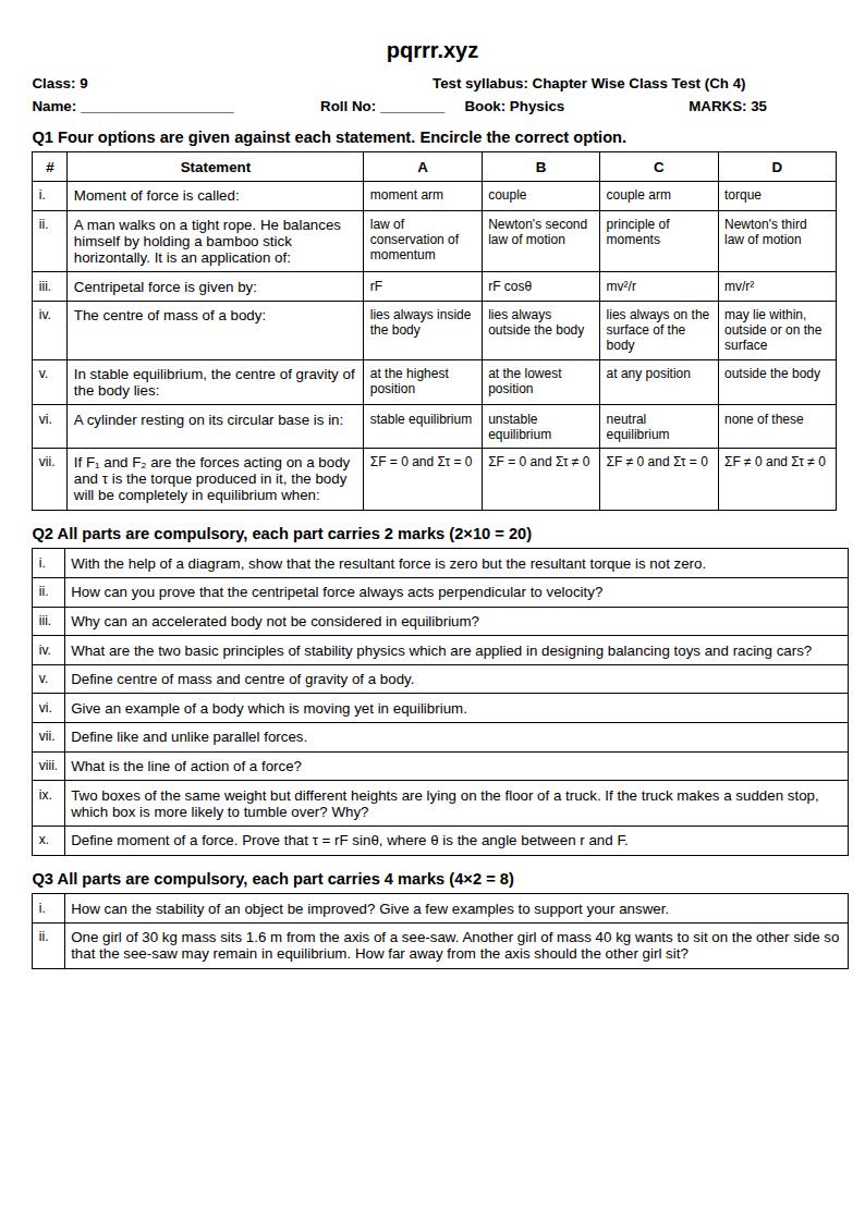 First page of 9th Physics – Chapter 4 – Turning Effects of Force – Chapter Wise Class Test, 35 marks (English)