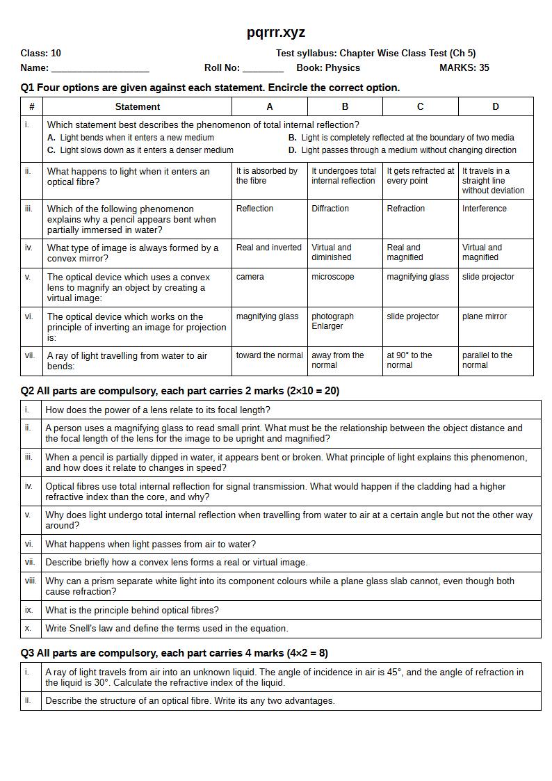First page of 10th Physics – Chapter 5 – Light – Chapter Wise Class Test, 35 marks (English)