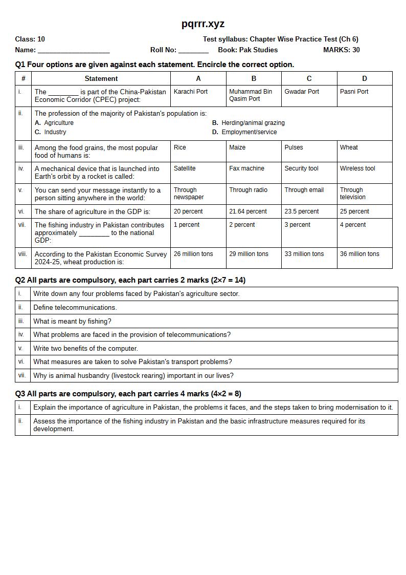 First page of 10th Pak Studies – Chapter 6 – پاکستان کے وسائل اور معاشی ترقی – Chapter Wise Practice Test, 30 marks (English)