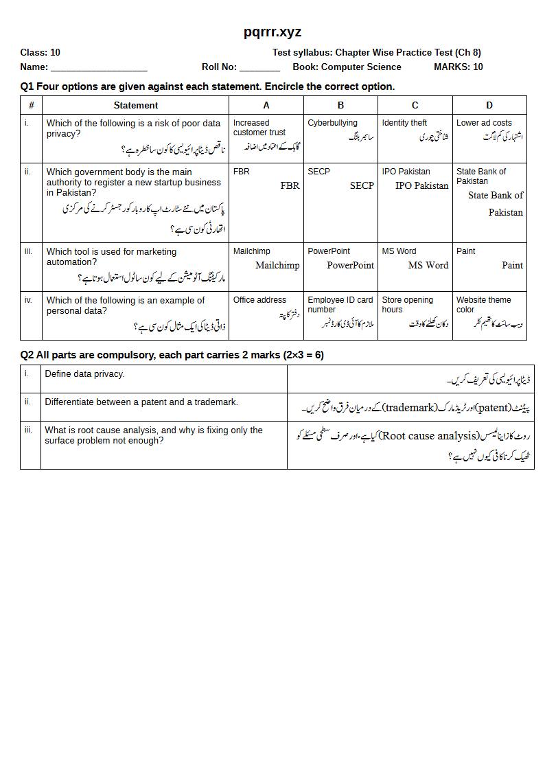 First page of 10th Computer Science – Chapter 8 – Digital Entrepreneurship – Chapter Wise Practice Test, 10 marks (English + Urdu)