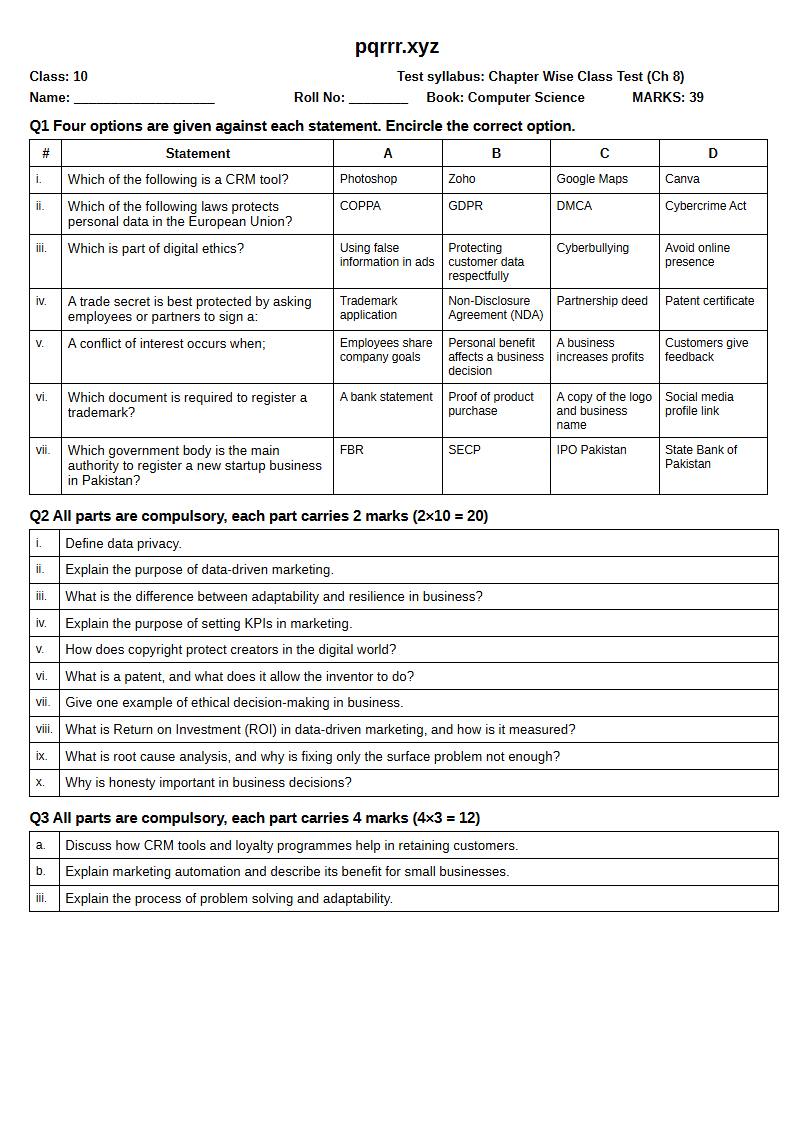 First page of 10th Computer Science – Chapter 8 – Digital Entrepreneurship – Chapter Wise Class Test, 35 marks (English)