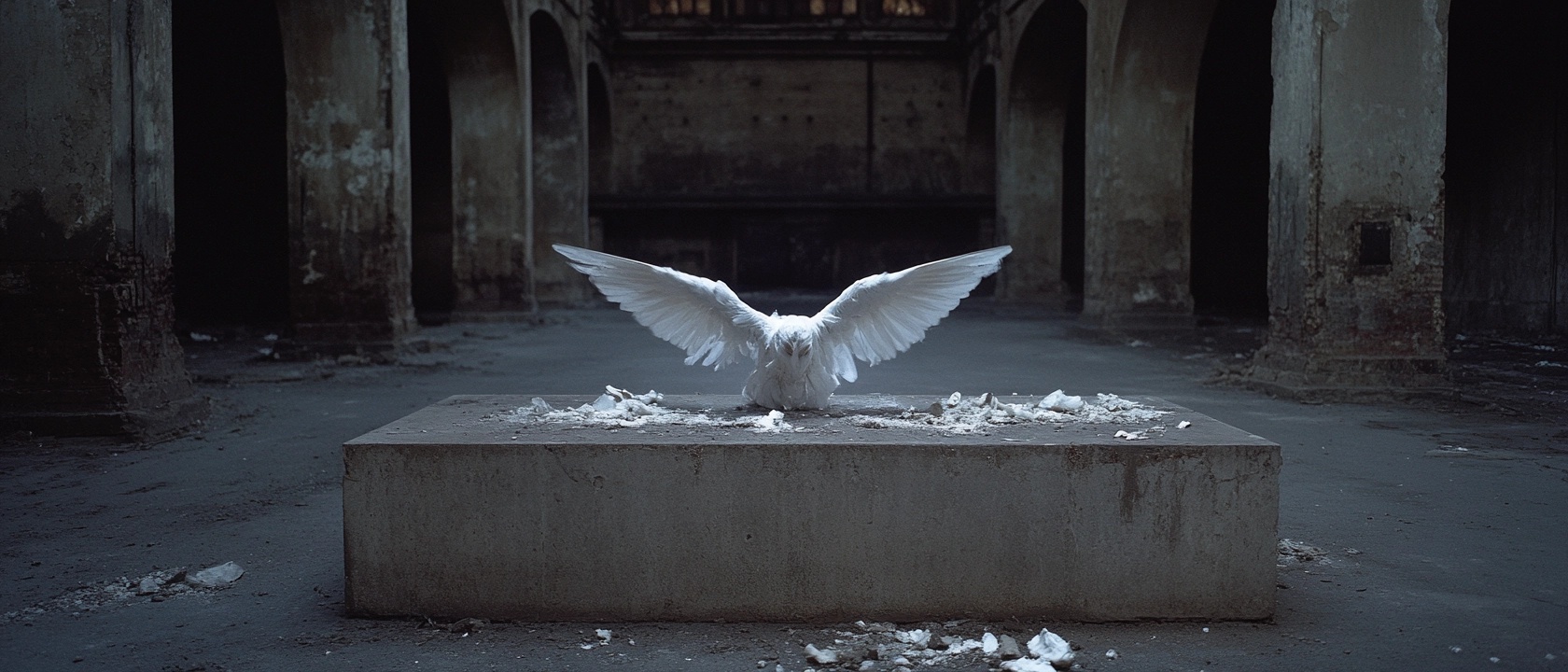 In an abandoned indoor space, a majestic white bird spreads its wings, creating an impression of grace against a backdrop of aged, distressed walls. The floor, scattered with remnants, suggests a history of neglect, while soft lighting enhances the serene yet eerie atmosphere. This moment captures the juxtaposition of beauty and desolation, invoking feelings of solitude and introspection.