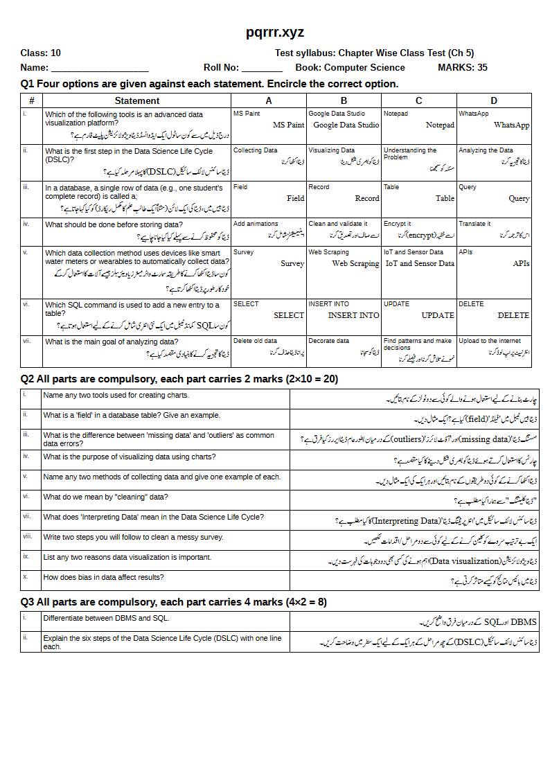 First page of 10th Computer Science – Chapter 5 – Introduction to Data Science – Chapter Wise Class Test, 35 marks (English + Urdu)