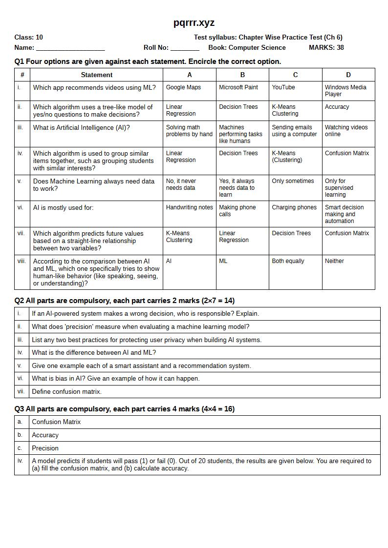 First page of 10th Computer Science – Chapter 6 – Introduction to Artificial Intelligence (AI) and Machine Learning (ML) – Chapter Wise Practice Test, 30 marks (English)