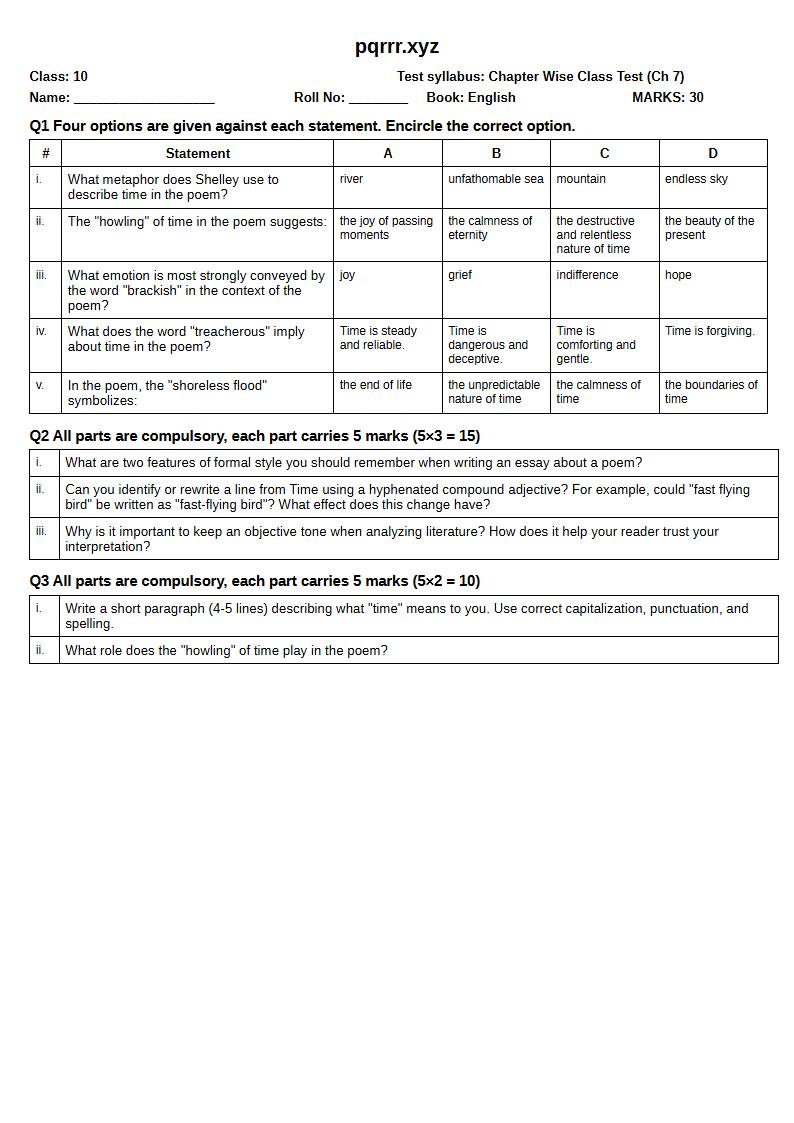 First page of 10th English – Chapter 7 – Time – Chapter Wise Class Test, 30 marks (English)