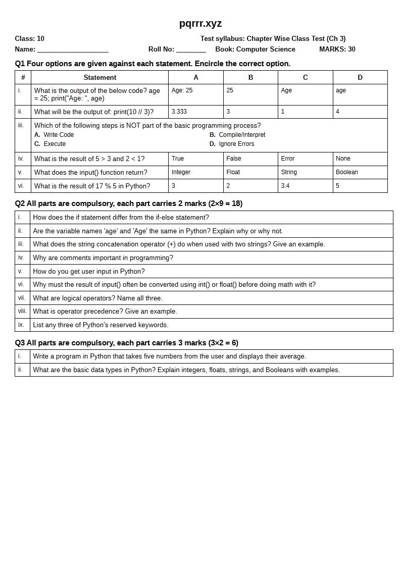 First page of 10th Computer Science – Chapter 3 – Introduction to Python Programming – Chapter Wise Class Test, 30 marks (English)