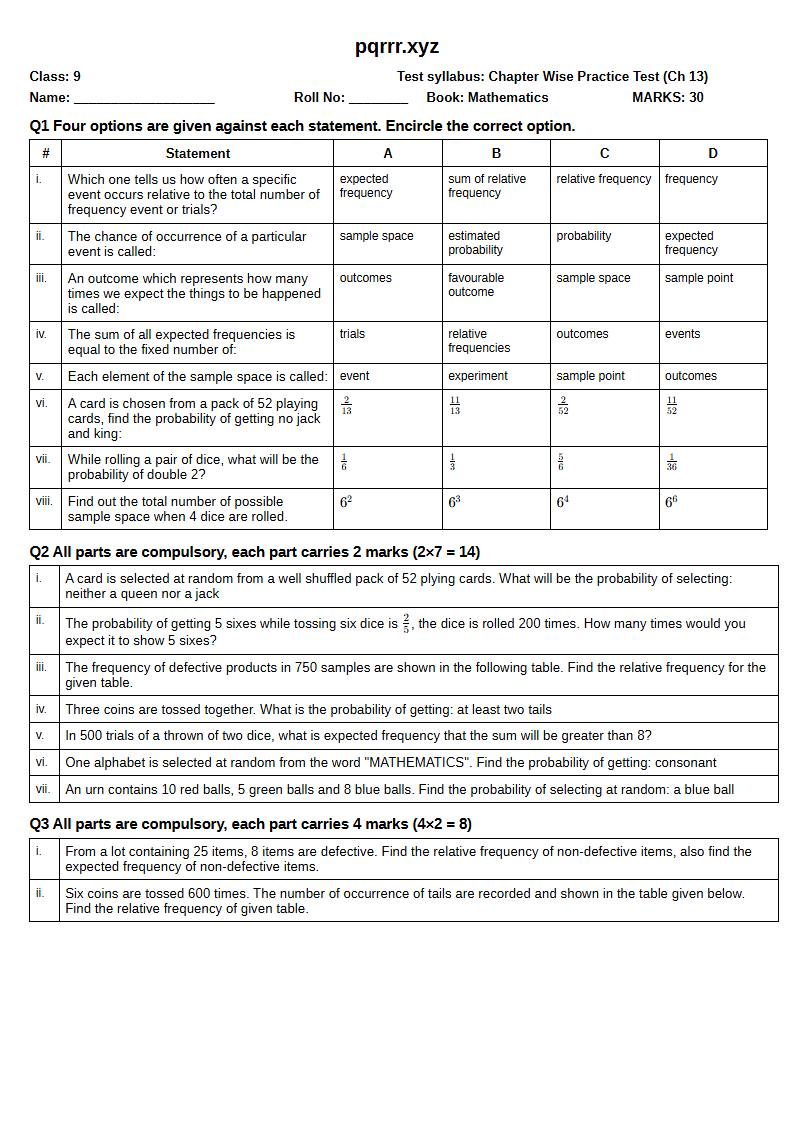 First page of 9th Mathematics – Chapter 13 – Probability – Chapter Wise Practice Test, 30 marks (English)