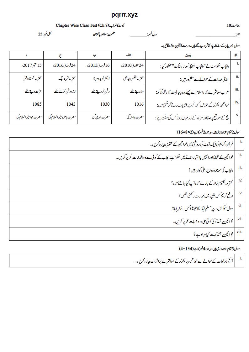 First page of 10th Pak Studies – Chapter 8 – پاکستان میں خواتین کو بااختیار بنانا – Chapter Wise Class Test, 25 marks (Urdu)
