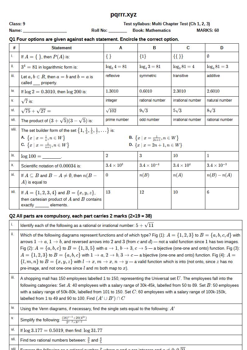 First page of 9th Mathematics – Chapters 1–3 – Multi Chapter Test, 60 marks (English)